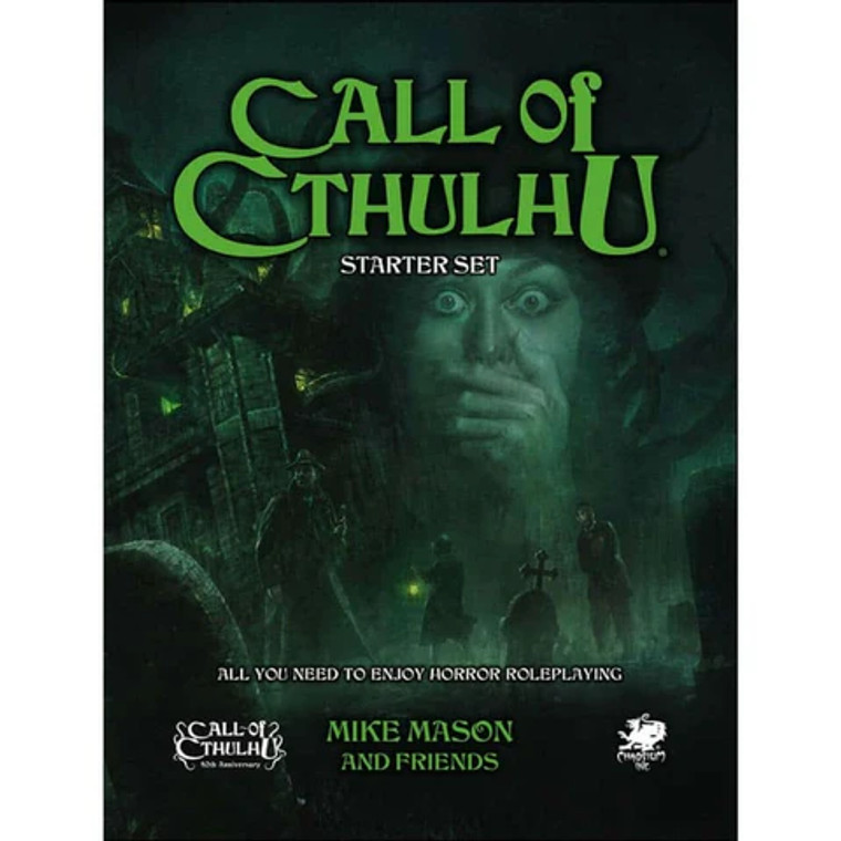 The Call of Cthulhu Starter Set box featuring the title in green text and a group of investigators in a graveyard in front of a haunted house, with a terrified woman in the background, all in a green light.