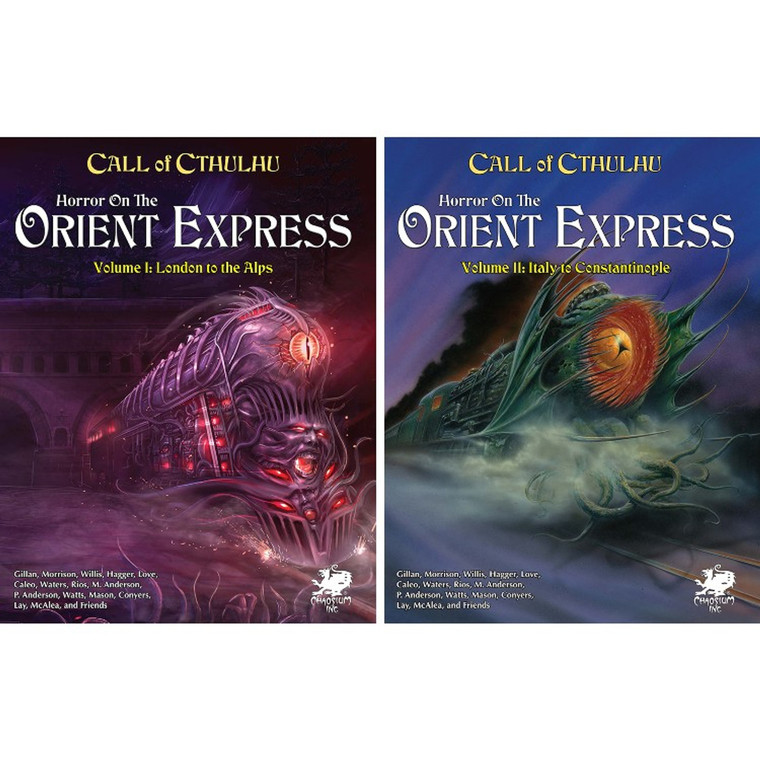Two books side by side. Call of Cthulhu: Horror on the Orient Express Volume 1, London to the Alps, which features book title and a purple eldritch horror train with a glowing eye, face, and tentacles. Call of Cthulhu: Horror on the Orient Express Volume 2,  Italy to Constantinople, which features a green eldritch horror train with a yellow eye and tentacles with a blue background.