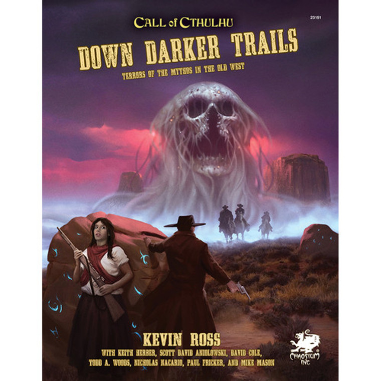 An RPG hardcover titled "Call of Cthulhu: Down Darker Trails" in askew yellow lettering in the style characteristic to what we associate with the Wild West.  The art below depicts a scene in a desert with two figures in the foreground surrounding a rock with glowing blue runes, one hiding behind the stone with a rifle and the other rounding it with pistol in hand.  Approaching through an ominous mist are three people on horseback, each sporting Stetsons on their heads.  Behind the figures is a horrible mass of grey, sludgy tentacles protruding from a giant, skeletal head with strips of hair hanging where scalp might have once been, its jaw open and upper cleft split up to the nasal passage with sharp fangs embedded in the bone.  
Behind is a beautiful purple and orange sunset.