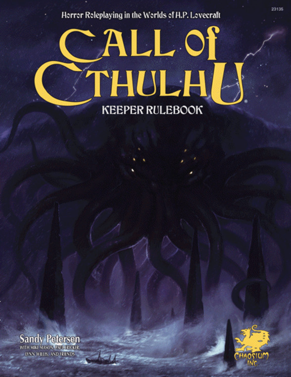 Call of Cthulhu Keeper's Rulebook featuring game title in yellow text and a black monster with many tentacles and eyes emerging from the sea with a stormy sky and lightning in the background.