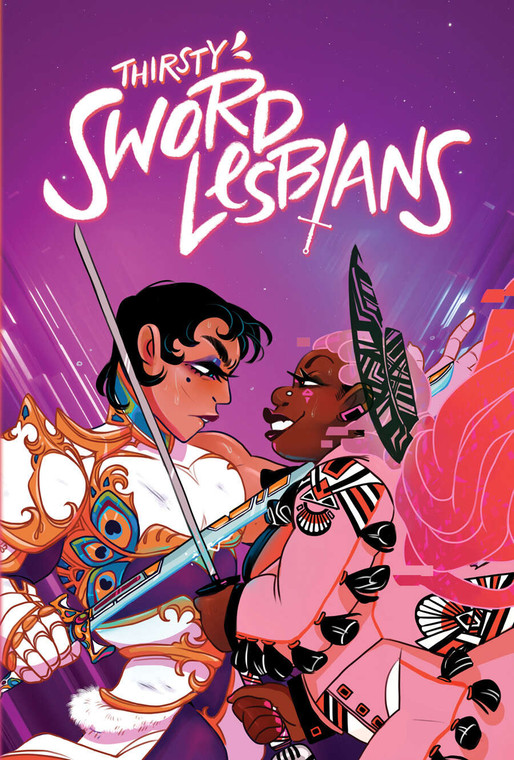 An RPG titled "Thirsty Sword Lesbians" in dynamic, neon font at the top of the cover.  Below is a scene of two femme-presenting people crossing swords in a seemingly heated battle.  The figure on the left is tall, lithe, and tan-skinned with short cropped dark hair, purple eyeshadow, dark lipstick, and wears primarily white plate armor with gold filigree detailing and peacock feather designs incorporated throughout.  Their sword is a glowing blade that matches their armor.  The other person is shorter with darker skin and round features.  They are shorter than the other person, and have long, bright pink locks that seem to glitch around their face like they are digitally rendered.  They wear a pink suit jacket with black tassels running down the arms, a wide-brimmed black hat patterned to match their clothes, and they wield a katana.  Where the former figure's expression is determined and stony, the other is smiling confidently.  Behind them is a gradient of pink, purple, and blue.