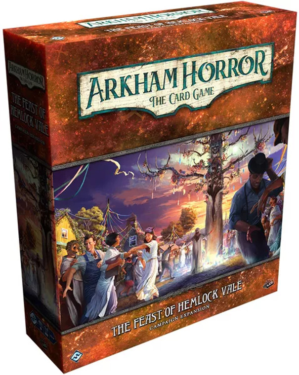 Board game box featuring game title and people dancing at a festival under a glowing tree that appears to be coming alive.