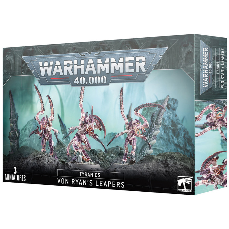 A Warhammer 40,000 box featuring 3 fully painted Von Ryan's Leapers miniatures on a rocky surface.