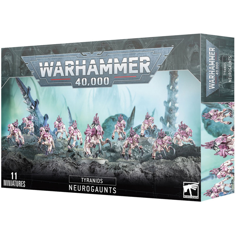 A Warhammer 40,000 box featuring 11 fully painted Neurogaunt miniatures on a rocky surface.