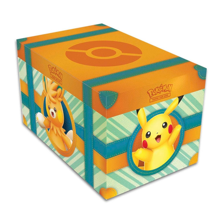 A green box with a brown lid that has been patterned to look like leather. On the side of the box are various adorable Pokemon popping out of circles.