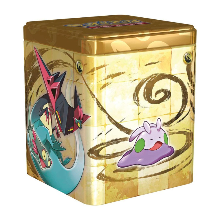 A rectangular yellow stacking tin featuring various Dragon type pokemon on the side. Behind the Pokemon are brown swirling motifs.