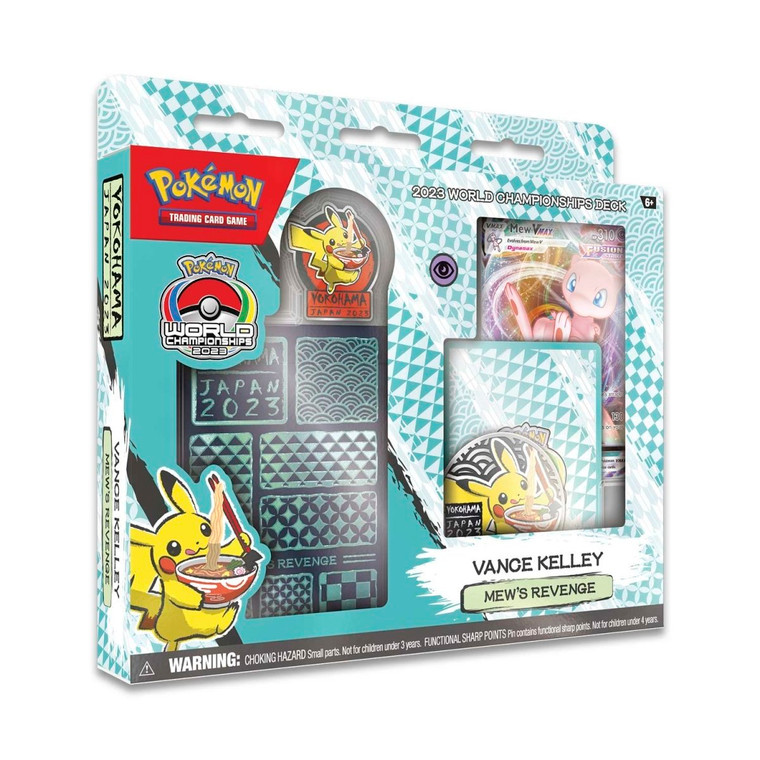 A blue and white box featuring a Japanese pattern motif. The box features the Pokemon World Championships 2023 logo and an illustration of Pikachu eating ramen. There are two windows displaying the included product.