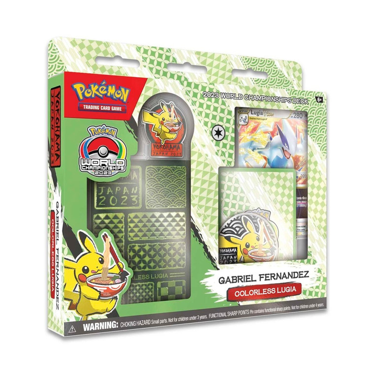A green and white box featuring a Japanese pattern motif. The box features the Pokemon World Championships 2023 logo and an illustration of Pikachu eating ramen. There are two windows displaying the included product.