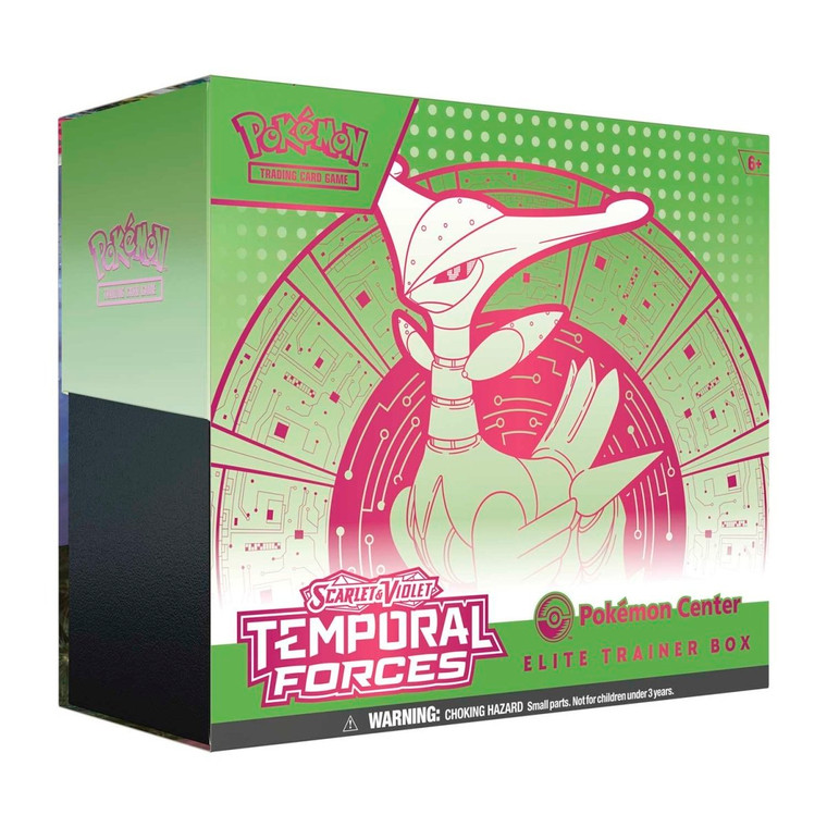 A green and pink Temporal Forces Elite Trainer Box featuring line art of Iron Leaves with a cybernetic circle behind it.