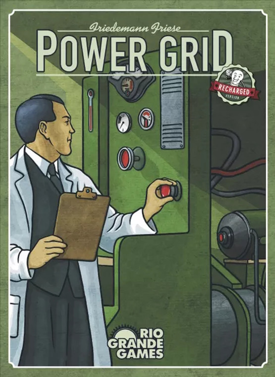 Board game box featuring game title and a man in a white lab coat with a clipboard turning a red knob on a green power supply cabinet.