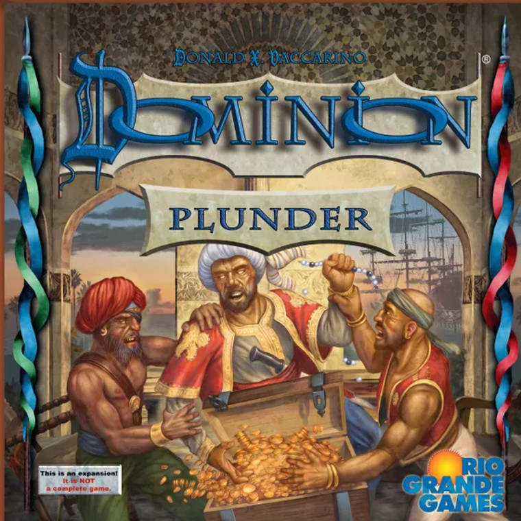 Board game box featuring game title and people fighting over a treasure chest full of gold coins with the sea and sky in the background.