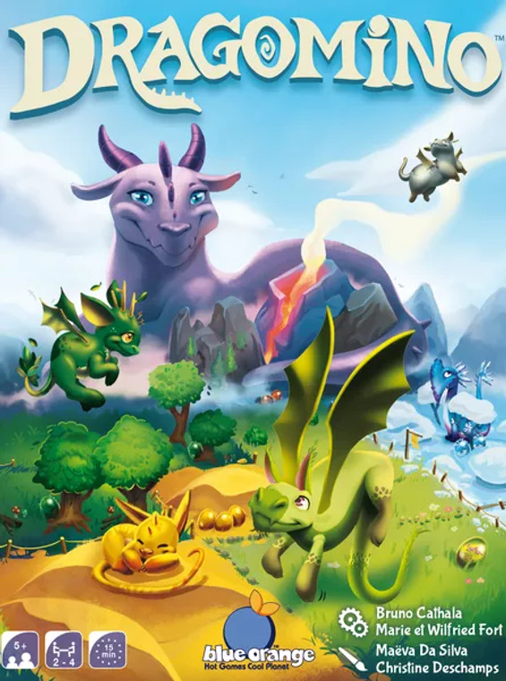 Board game box featuring game title and a variety of differently colored dragons on a grassy landscape.
