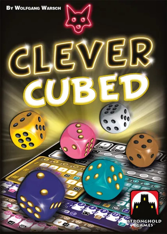 Board game box featuring game title and multiple colorful dice being rolled over a scoresheet with a burst of yellow light in the background.