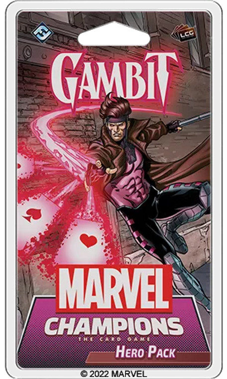 Card game box featuring game title and Gambit wearing a brown coat throwing glowing red playing cards in an alley.