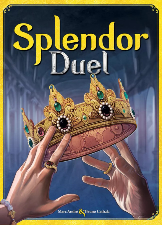 Board game box featuring game title and hands holding up a golden jeweled crown, with a grand blue hall in the background.