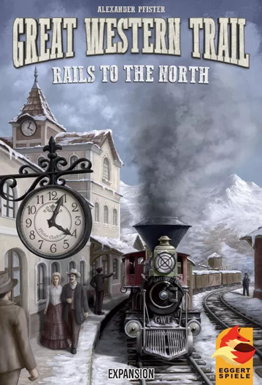 Board game box featuring game title and a train pulling into a station, with people walking and a hanging clock, and with billowing smoke and mountains in the background.