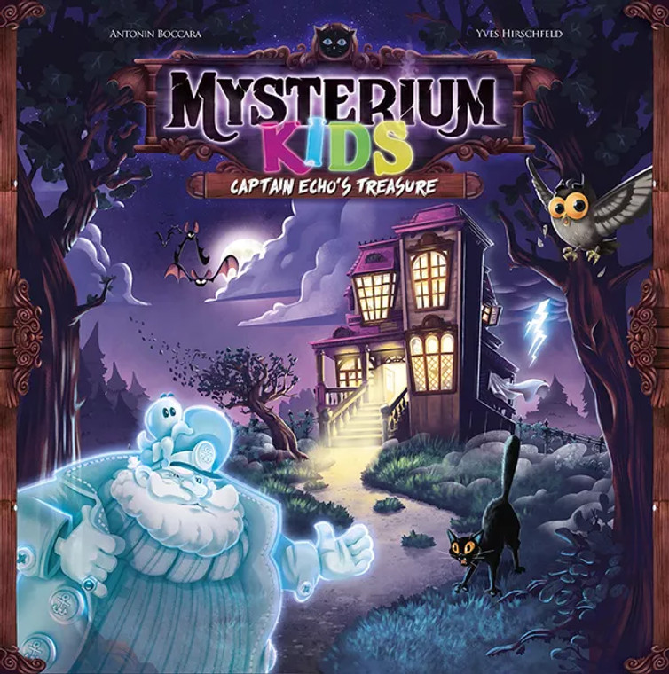 Board game box featuring game title and a cartoonish pirate ghost pointing towards a haunted house on a hill, with bats and owls flying around the night sky.