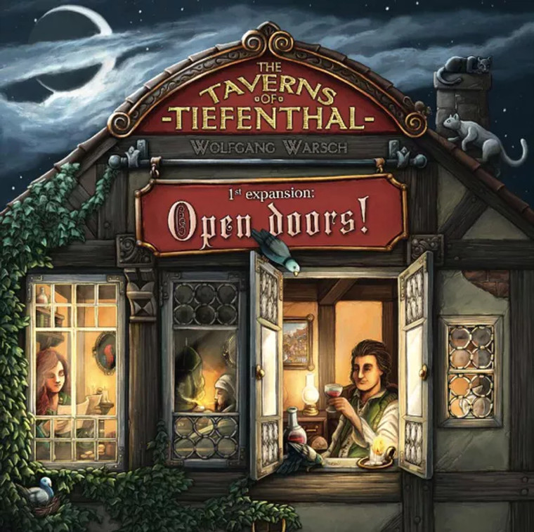 Board game box featuring game title and a tavern at night with an open window, in which a person is sipping a glass of wine, with the night sky and moon in the background.