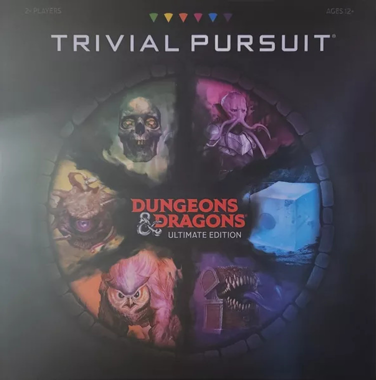 Board game box featuring game title and a circle split into six sections with a mind flayer, a lich, a gelatinous cube, an owlbear, a beholder, and a mimic, with a black background.