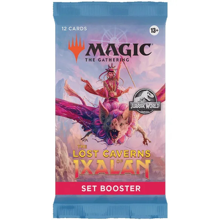 A Magic the Gathering Lost Caverns of Ixalan booster pack featuring art of a person riding on the back of a giant bat wielding a glowing staff.