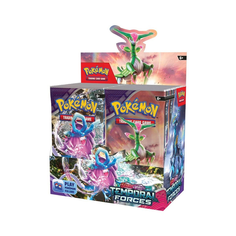 A Pokemon Temporal Forces booster box featuring art of Walking Wake, Iron Leaves, and Iron Crown.