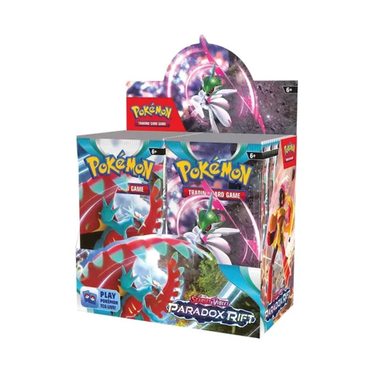 A Pokemon Paradox Rift booster box featuring art of Roaring Moon, Iron Valliant, Armarouge.