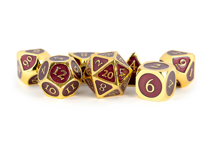 Metallic Dice Games - 7 Set RPG Dice - Metal - Gold with Purple Enamel