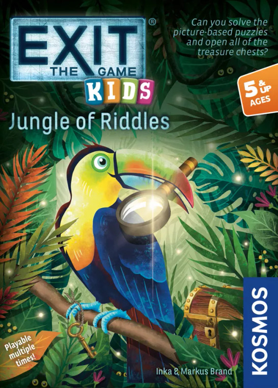 Board game titled "EXIT: The Game - Kids: Jungle of Riddles", featuring art of a colorful toucan holding a magnifying glass in its beak. The toucan is surrounded by a multitude of fern-like plants, with a treasure chest in the background.