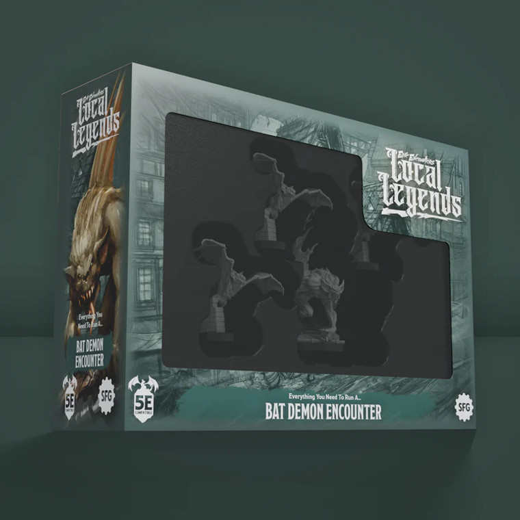 An RPG kit titled "Epic Encounters: Local Legends - Bat Demon Encounter" in white font across the upper righthand and bottom of the box.  The box itself is a dark sage green and has a clear plastic panel on the front that reveals several  grey-primed minis of a bat demon in various positions set into plastic molds to hold them in place.  They are fluffy and fiercely snarling, and two visible minis are mid flight.