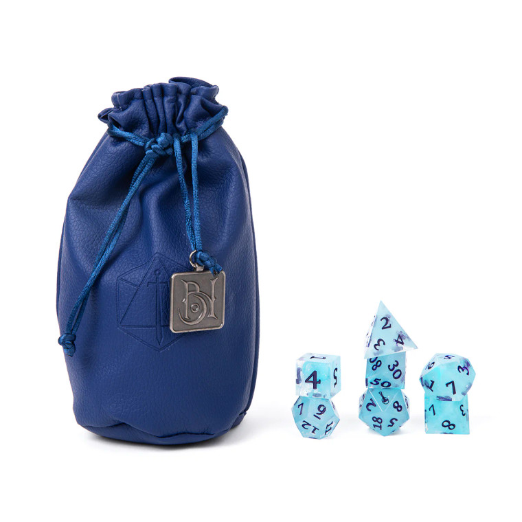 A dark blue leather dice bag with the Critical Role logo embossed on a metal pull string tab.  To the right are seven translucent blue dice with dark blue numbers.