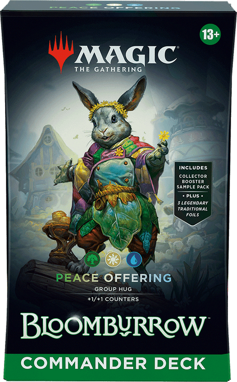 A Green, White, and Blue Magic the Gathering Preconstructed Commander Deck titled “Bloomburrow: Peace Offering'' at the bottom of the box.  The art features a grey rabbit wearing a colorful, leafy dress with a quilted cape and a yellow flower crown.  The rabbit holds a yellow flower and is posed on the edge of a rock.  The background is primarily black.
