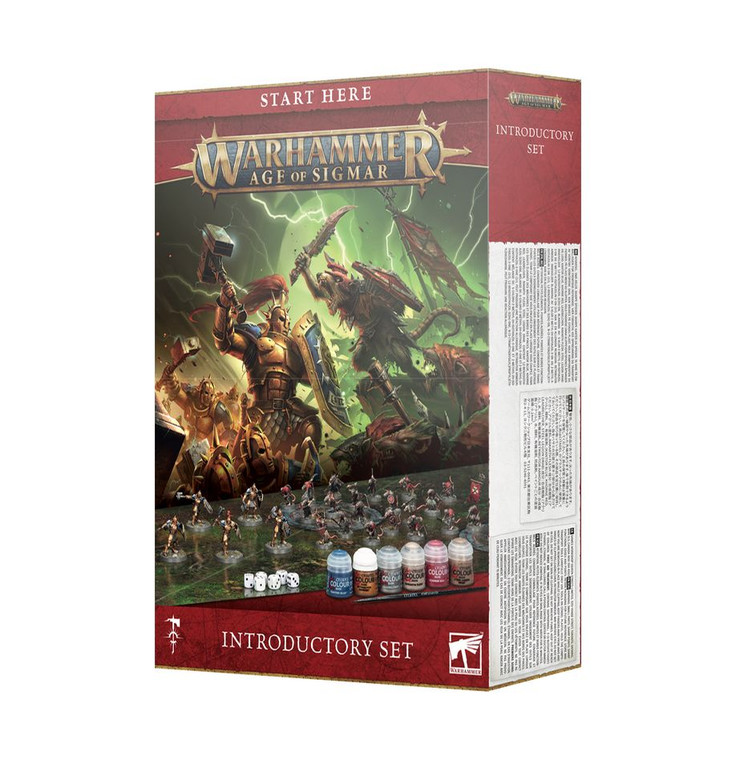 A Warhammer kit titled "Warhammer - Age of Sigmar: Introductory Set," the first half of the title being at the top and the second at the bottom.  Sandwiched between two marbled red borders is cover art depicting an epic battle between golden-armored people and snarling, hooded rat beings as they clash against a darkened sky.  Below this scene is a layout of the miniatures and map found within the set.