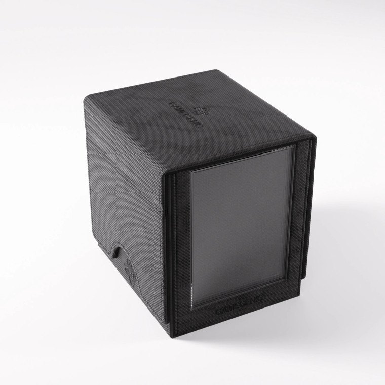 A cloth deck box in the color black with a clear plastic window in the front for displaying cards.  The Gamegenic logo is embossed on the top.