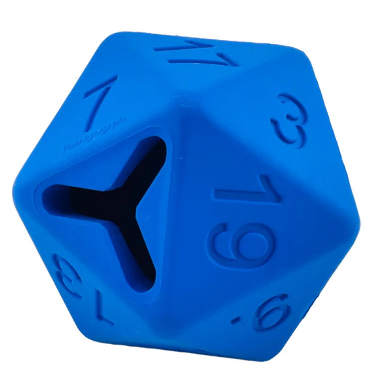 A bright green, rubber D20 dog toy with a 3-pronged hole on the 20 side for treats to be placed inside.