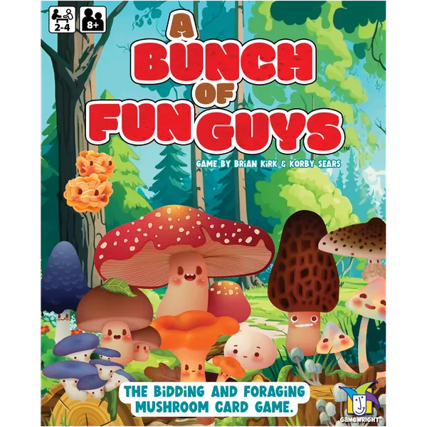 Board game titled "A Bunch of Fun Guys" that shows a picture of several different cartoon mushrooms with faces, hanging out in a forest. The bottom text reads, "The bidding and foraging mushroom card game."