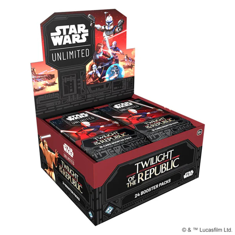 A TCG box titled “Star Wars: Unlimited - Twilight of the Republic” on the display tab and side of the red and black box.  The art on the display depicts a white and blue suited person with a chunky helmet and twin blasters pointed away from them in two different directions.  Below is a battle between two people wielding swords made of light, and below that are two people in a shootout, one of which is surrounded in a blue forcefield.  On the other side is a large spaceship surrounded by smaller ones passing by a planet.