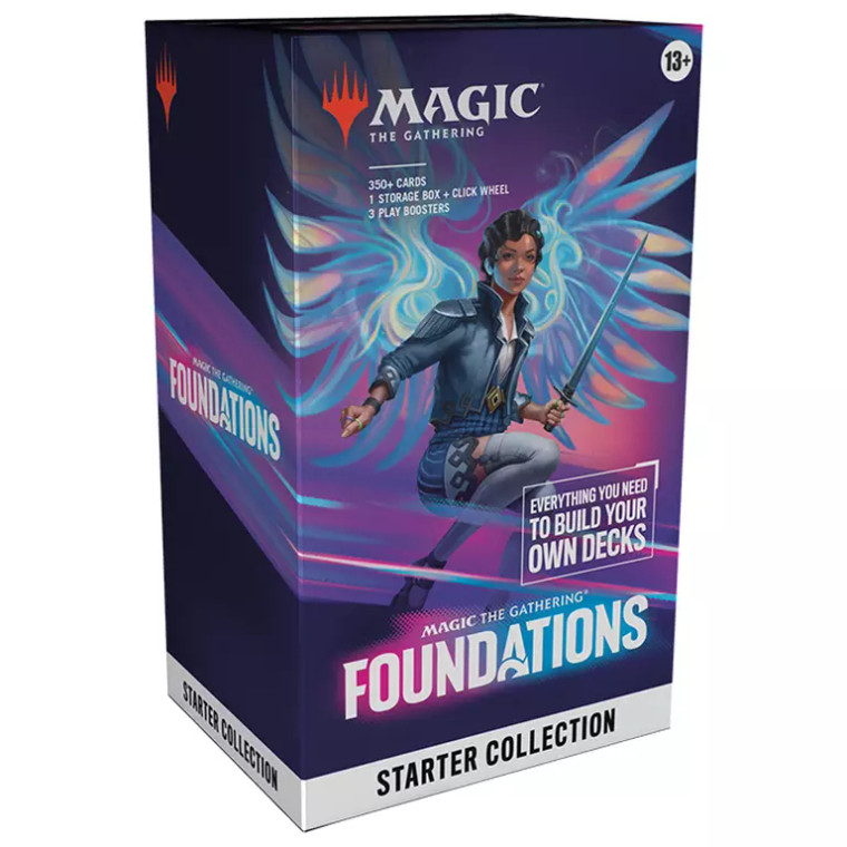 A TCG box titled “Magic: the Gathering TCG - Foundations: Starter Collection” at the top and bottom of the box in white font with a pink and blue glow emanating from behind it.  The cover art has a purple background with streaks of blue, pink, and orange across a central human figure.  The person has tan skin, ear-length black hair in finger waves, a blue coat over a white shirt and tight pants, a cutlass in one hand, and glowing wings sprouting behind their back.  The wings are translucent and have smoky trails coming from the person’s back.