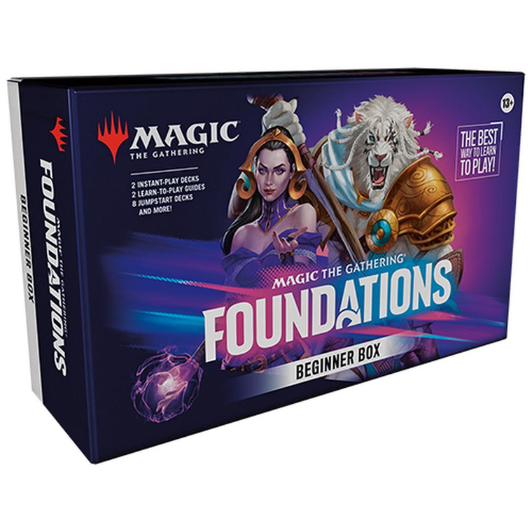 A TCG box titled “Magic: The Gathering - Foundations: Beginner Box” at the top and bottom of the cover in white font with a pink and blue glow behind it.  The art has a purple background with two figures:  the first is a woman with pale skin, long dark hair, a long collar across her whole throat and golden jewellery across her head and dangling from her ears.  The second is a white lion man with black stripes across his cheeks, braids banded with golden hair jewellery, golden plate armour, and a fierce roar pulling at his muzzle as he brandishes a large weapon.