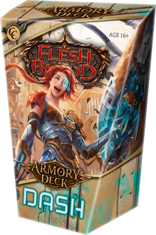 A preconstructed Flesh & Blood TCG deck titled "Flesh & Blood Armory Deck: Dash" with the first half of the title written in red inside of an ornate plaque at the top of the box, the second half at  the bottom, and the last word written in large, neon letters.  In between the two halves of the title is artwork of a woman with pale skin, bright red hair cut short - save for a long strand flying in the wind, and sporting an almost manic smile.  She is either clad in close-fitting steampunk robotic armor, a cyborg, or a combination of both of these things.  A blue viewing visor wraps around over one of her eyes, and behind her is a small view of a matching steampunk city.