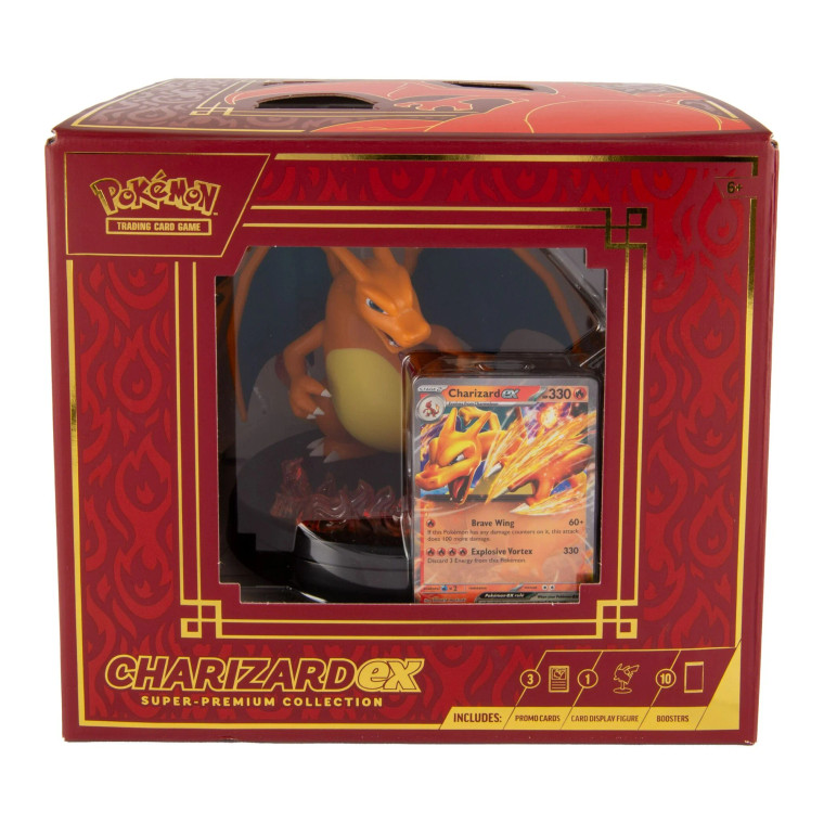 A TCG product titled "Pokemon TCG: Charizard ex Super-Premium Collection" with the first half of the title in the upper left hand corner and the second half in the bottom left hand corner of a large, red and gold box.  A plastic display in the center reveals a large figurine of an orange and yellow, dragon-like bipedal creature with blue undersides to its wings.  To its right is a collectible Pokemon card featuring the same creature.