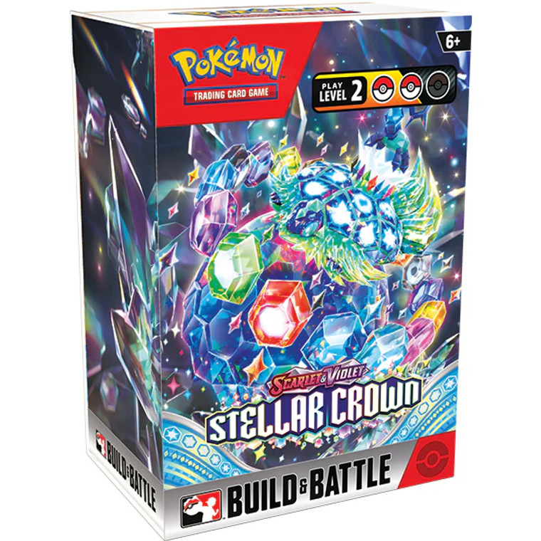 A TCG box titled "Pokémon: Scarlet & Violet - Stellar Crown Build & Battle Box" with the first half of the title at the top and the second half at the bottom.  In between is a sparkling cover featuring a gemstone orb with a turtle made of multicolored gemstones sat atop it.  Circling around the turtle are even more gemstones.  You'll never guess what's behind the orb and the turtle: more gemstones, but these are shards rather than carefully cut stone.  It's all very shiny.
