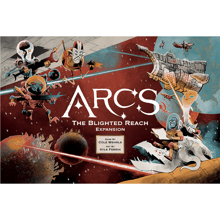 A board game expansion titled “Arcs: The Blighted Reach Campaign Expansion” in large white font across the middle of the box.  The cover art features six different aliens floating around in space, each with a weapon, save for a large, white beast one is riding on the back of.  They are diverse in design, with some looking insectile, others robotic, and some humanoid.  In the distance float starships, and even further away is a planet that has a tree so large it sticks out into space and looks like an oversized moon. Beside it is an even larger, blue planet.