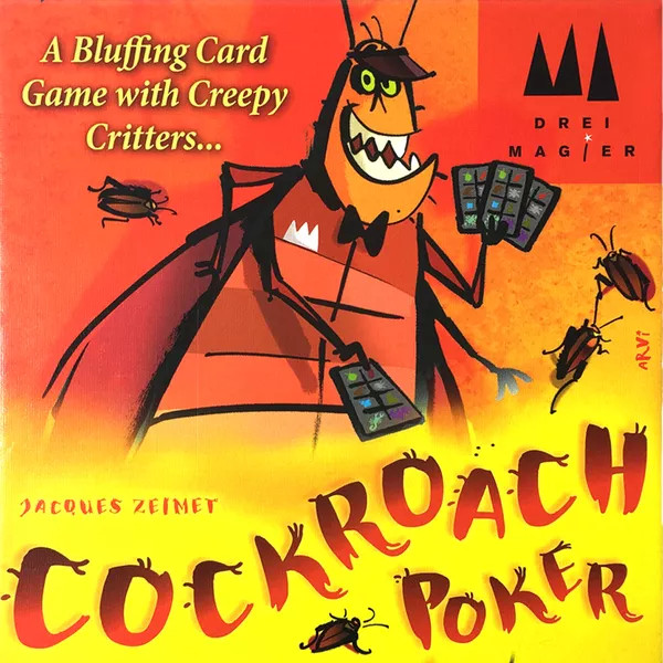 A boardgame called "Cockroach Poker". On the box cover is a cockroach dressed like a casino dealer. In the background it says A Bluffing Card Game with Creepy Critters.