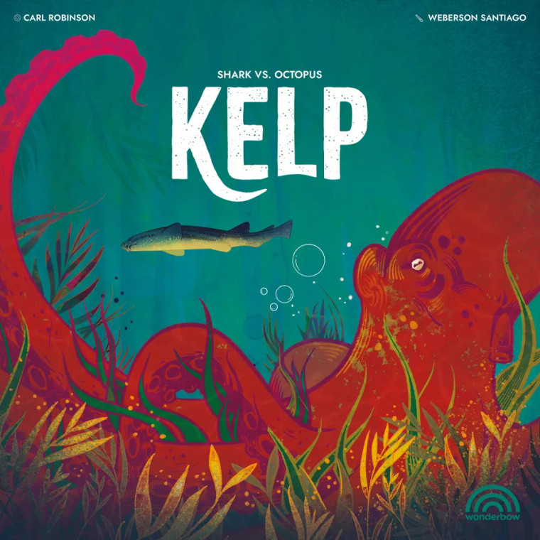 A board game titled “Kelp” in large, white font in the centre of the box.  The art around it features an intense blue-green background and an orange/red octopus in the foreground.  It curls its tentacles up around the coral and kelp-carpeted seafloor and a small, green fish swims by next to it.