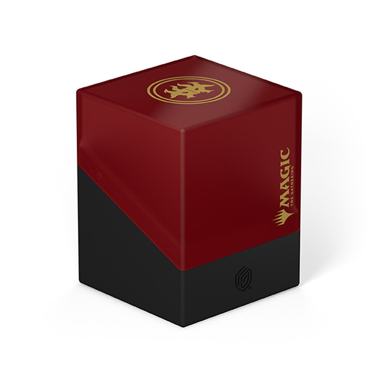 A card deck box with a semi-transparent red upper half with a satin finish, a solid black lower half, a golden emblem featuring a horned, mask-like upper half of a face on top and Magic: The Gathering’s logo along the front right side.