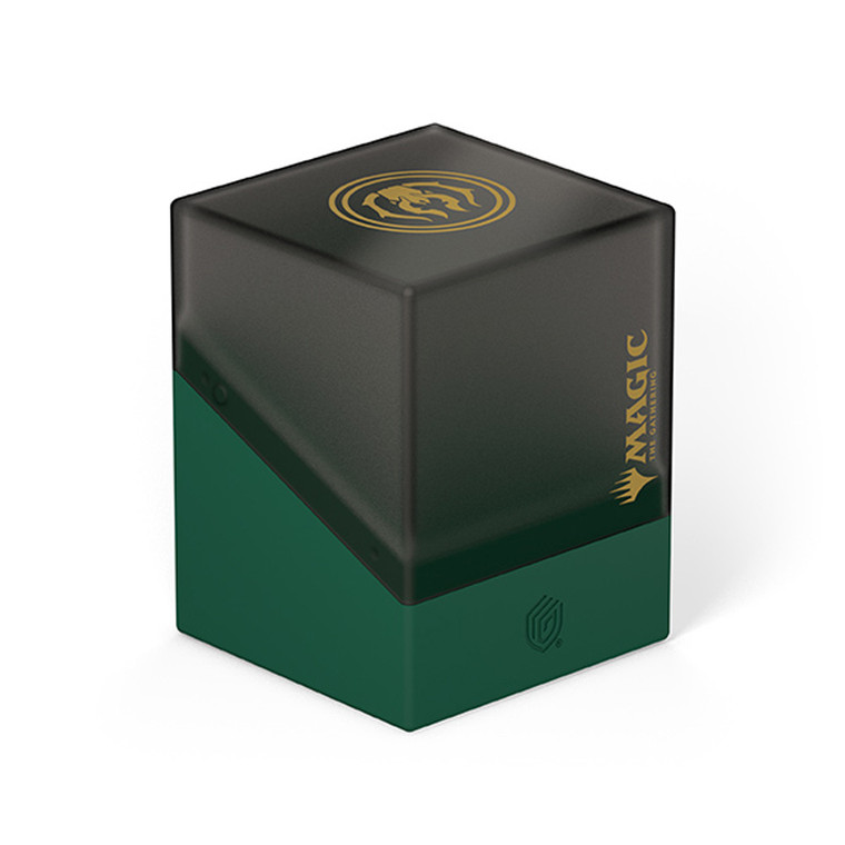 A card deck box with a semi-transparent black upper half with a satin finish, a solid green lower half, a golden emblem featuring a stag beetle-like head and pinchers on top and Magic: The Gathering’s logo along the front right side.