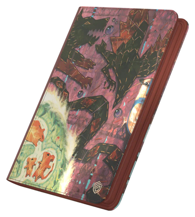 A card binder with a zipper closure and cloth exterior featuring artwork of a jagged, stitched tapestry.  On a red cloth are silhouettes of predator animals circling, and on a green cloth are prey animals safely ensconced in a burrow. A card binder with a zipper closure and cloth exterior featuring artwork of a jagged, stitched tapestry.  On a red cloth are silhouettes of predator animals circling, and on a green cloth are prey animals safely ensconced in a burrow.