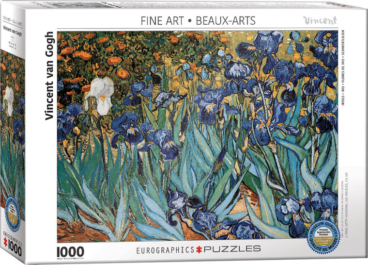The image shows the box of a puzzle featuring the piece “Irises” by Vincent Van Gogh. The artwork showcases a vibrant array of blue and white irises against a complex background of earth tones and greenery. The scene is filled with rich, detailed brushwork typical of van Gogh's style. The bottom left has the number '1000' indicating the number of pieces in the puzzle. Along the bottom edge, the company logo reads "EUROGRAPHICS PUZZLES."  A blue badge in the lower right corner indicates the puzzle is an officially licensed reproduction of museum quality.