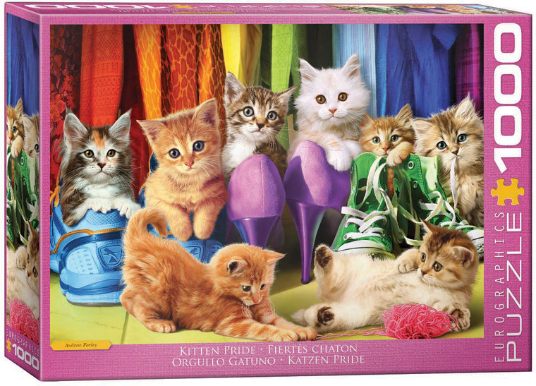 The image is a puzzle box featuring a group of playful kittens amidst a colorful background of fabrics and shoes. There are eight kittens, each with distinct fur patterns, sitting or lying on or around various shoes including purple high heels, green sneakers, and blue athletic shoes. The kittens have different expressions, ranging from curious to playful. In the background, vibrant fabrics in shades of red, orange, yellow, green, and blue are neatly arrayed, creating a lively and colorful setting. The title, "Funny Cats" is printed along the bottom edge. On the right hand side, the company logo reads "EUROGRAPHICS PUZZLES" and the number ‘1000’ after it indicates the puzzle piece count.