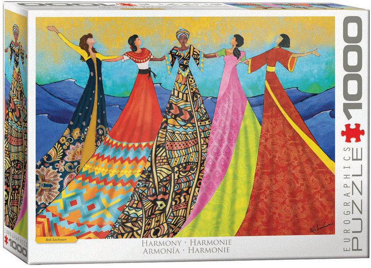 The image shows a puzzle box featuring the piece “Harmony” by Rob Lachace. The image depicts five women standing side by side, forming a harmonious group. Each woman is adorned in a unique, culturally inspired dress, showcasing distinct patterns and colors. From left to right, the dresses display intricate designs ranging from geometric motifs to floral and zigzag patterns. The women's arms are outstretched, and they are set against a backdrop of rolling hills with a gradient sky transitioning from yellow to blue. The title, "Harmony" is printed along the bottom side. On the right hand edge, the company logo reads "EUROGRAPHICS PUZZLES" and the number ‘1000’ after it indicates the puzzle piece count.
